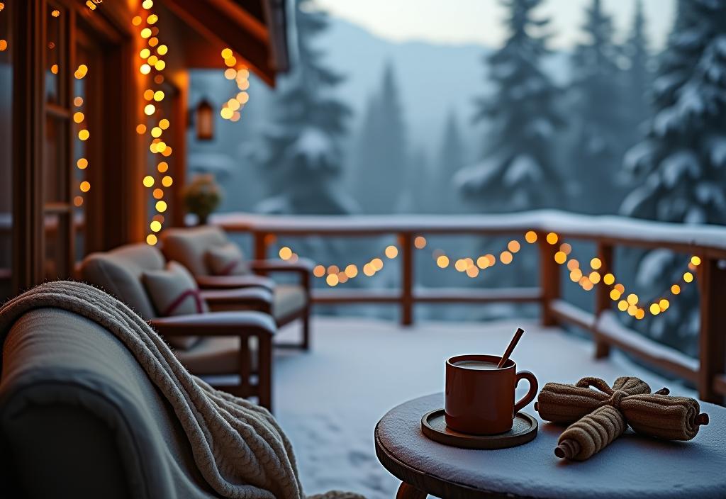 Cozy winter deck with lights and blankets