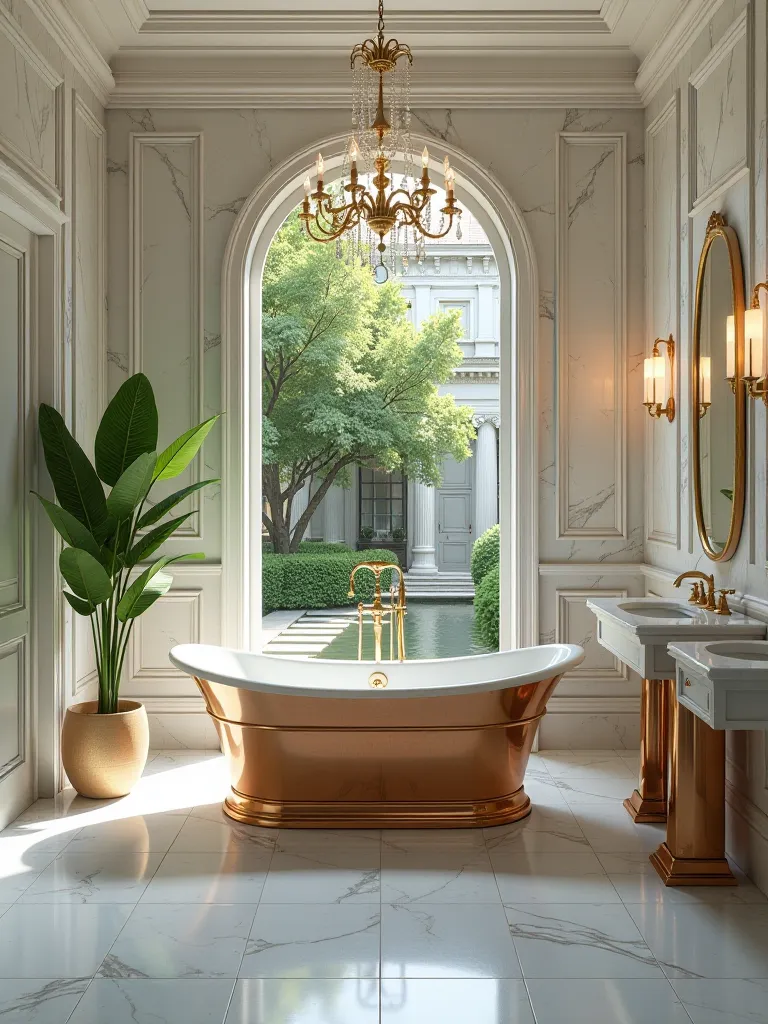 Elegant bathroom featuring marble, copper, and crystal elements