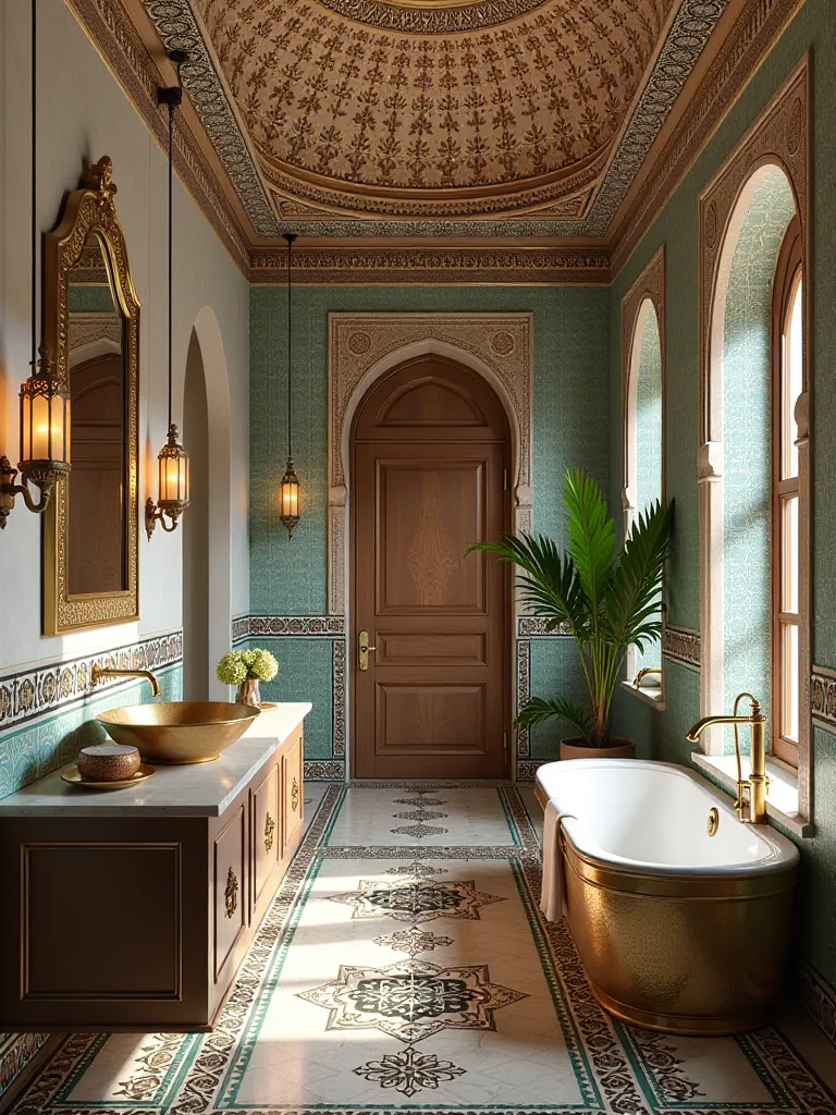 Luxurious Moroccan style bathroom featuring intricate details and textures