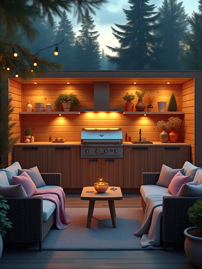 Minimalist outdoor kitchen with throw blankets and hygge lighting at dusk