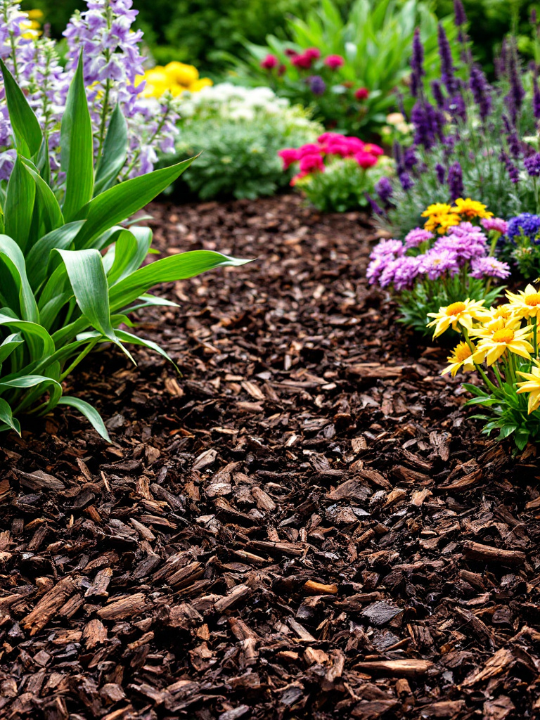 A garden bed mulched with hardwood mulch, retaining moisture and suppressing weeds, with a variety of perennials in the background.