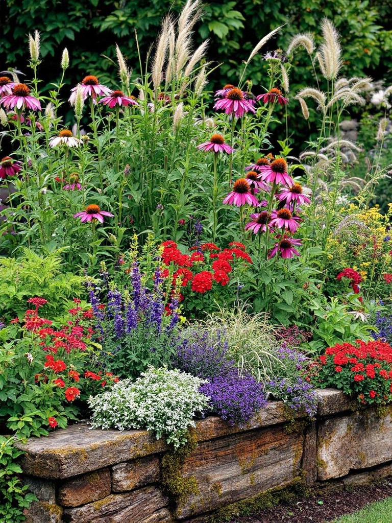 A garden bed filled with a variety of perennials, including native species, with a mix of textures and heights.