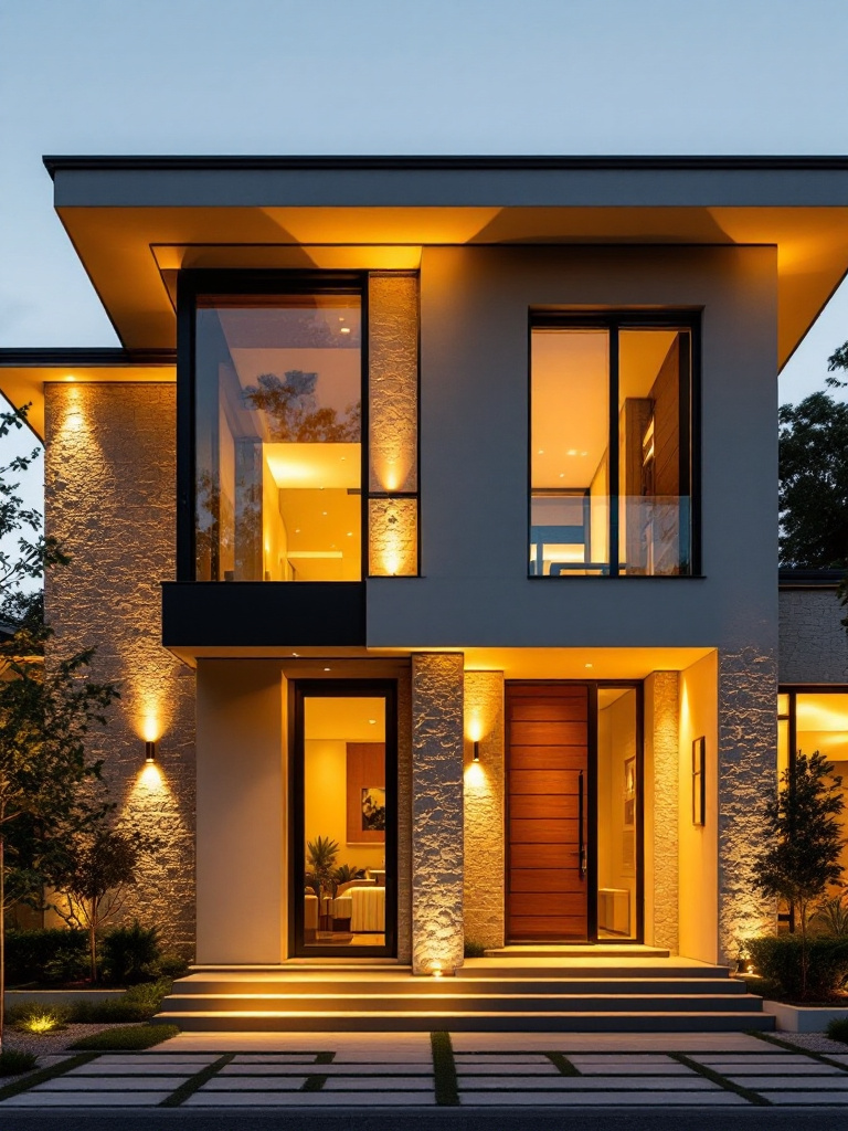 Wall-mounted outdoor fixtures with up/down lighting highlighting the aesthetics of a house's exterior wall.