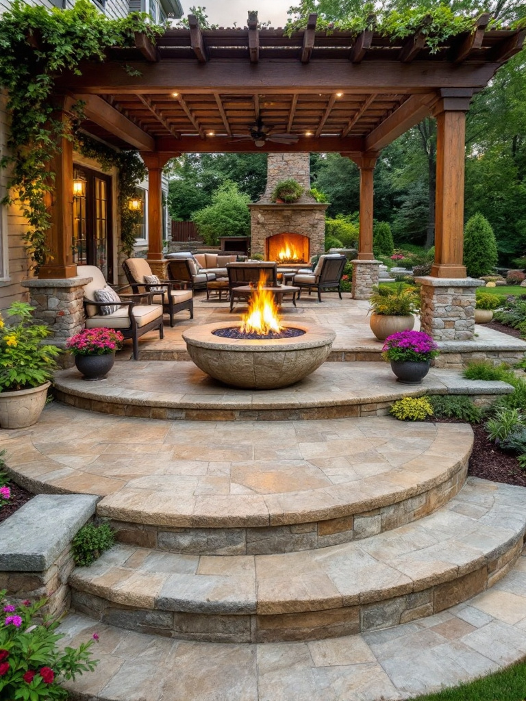 Elevate your backyard with a multi-level patio made from stamped concrete that mimics the look of natural stone or wood.
