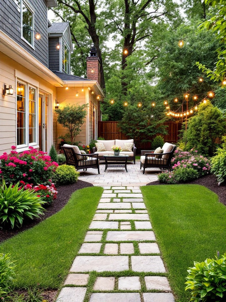 A well-maintained backyard with clear pathways, clean fixtures, and trimmed vegetation around the lights.