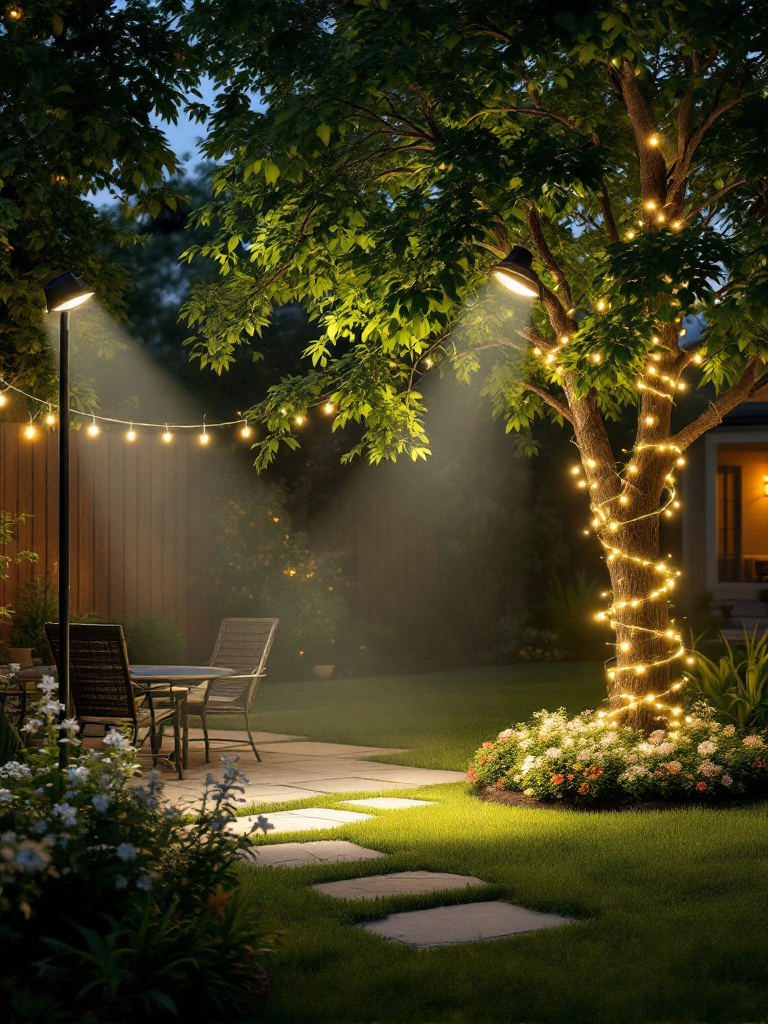 A backyard at night with different lighting layers, including ambient lighting from fairy lights, task lighting from spotlights, and accent lighting from string lights.