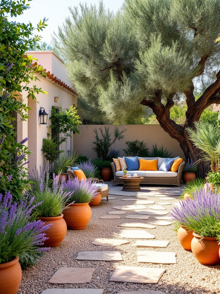 Transform your backyard with a Mediterranean-inspired landscape, featuring terracotta pots, lavender bushes