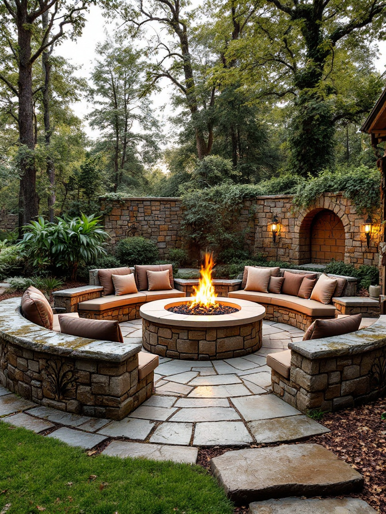 Transform your backyard with a custom stone fire pit area surrounded by a circular seating arrangement. 