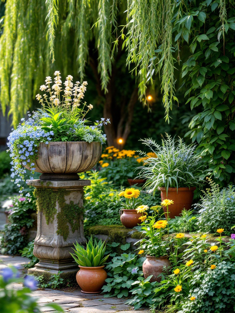 Container gardening with varied plant species in pots, arranged to adapt to different sun and shade conditions.