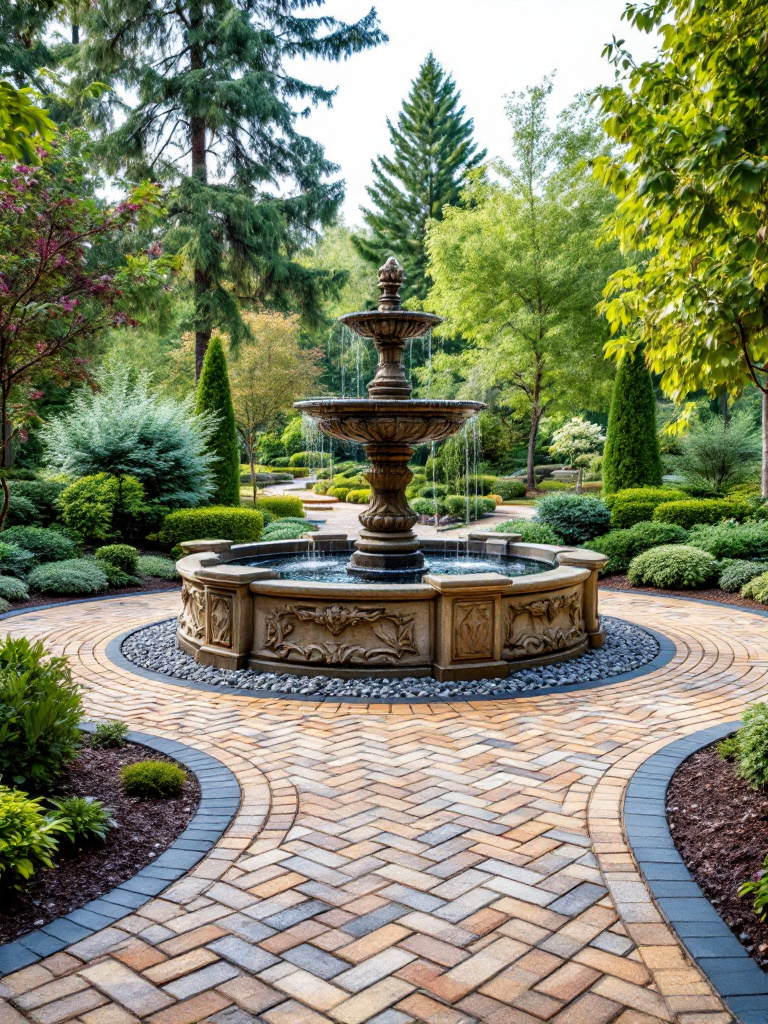 A hardscaping design with brick pathways and stone features, including a fountain made from stone pillars.