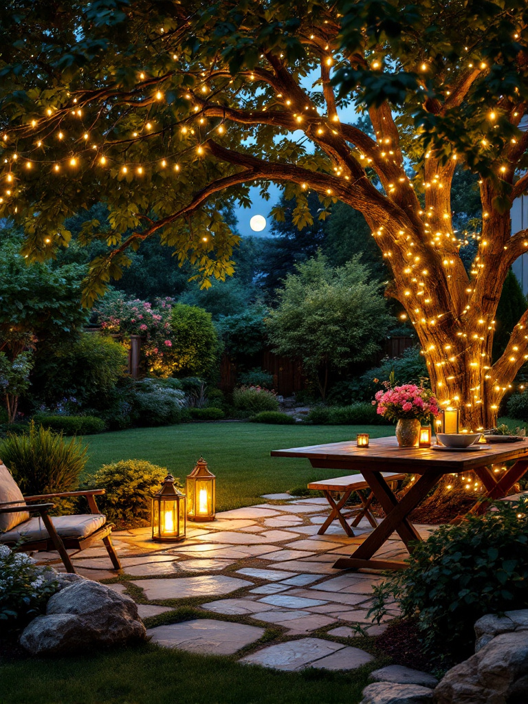 Layered lighting in a backyard, combining ambient, task, and accent lights to create depth and dimension.