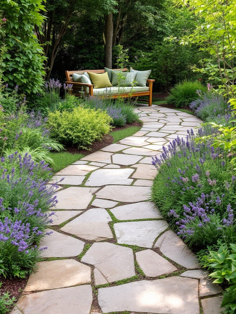 Design a backyard walkway using irregular-shaped flagstone pieces that lead to a hidden seating area or garden nook. 