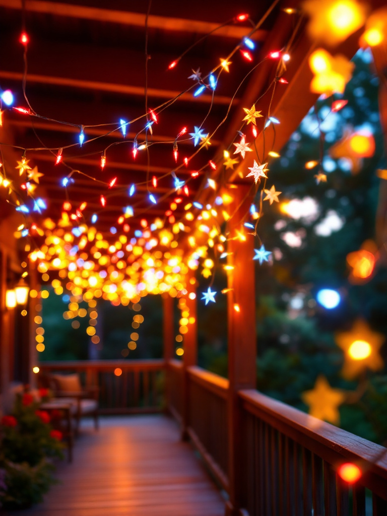 Colored string lights in red, white, and blue, draped over a patio for a festive and patriotic look.