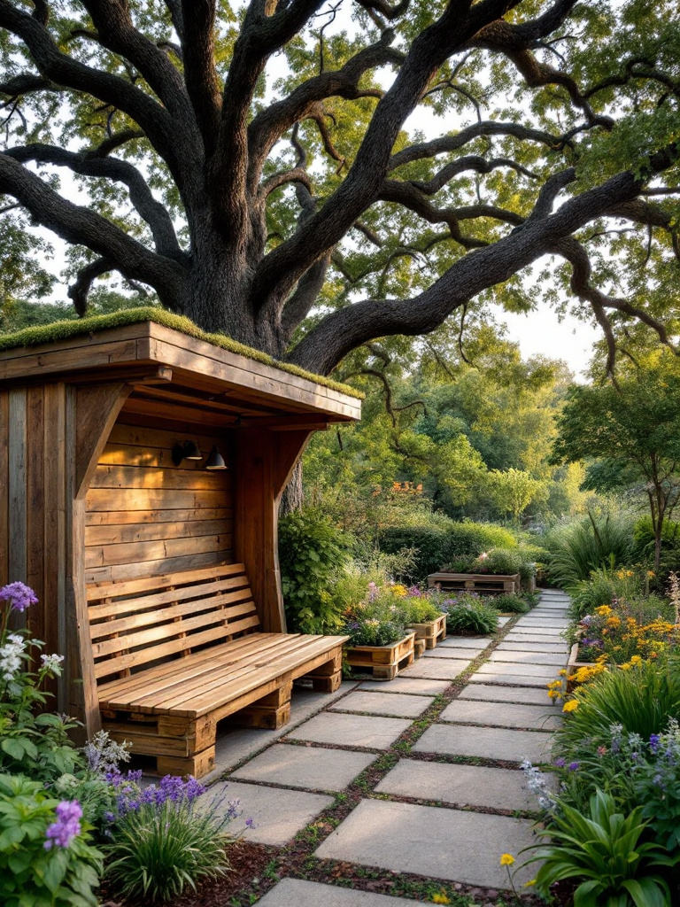 Design an eco-conscious backyard using recycled materials like reclaimed wood for building cozy seating areas and unique planter boxes. 