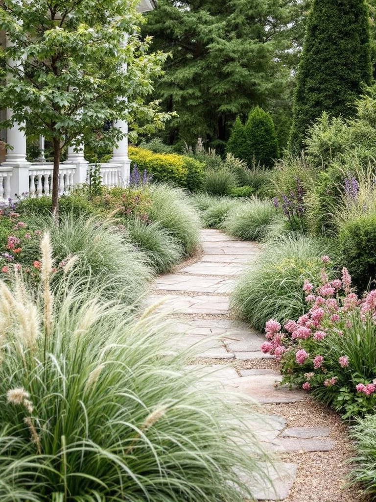 A low-maintenance border using clumping monkey grass along flower beds, walkways, and borders.