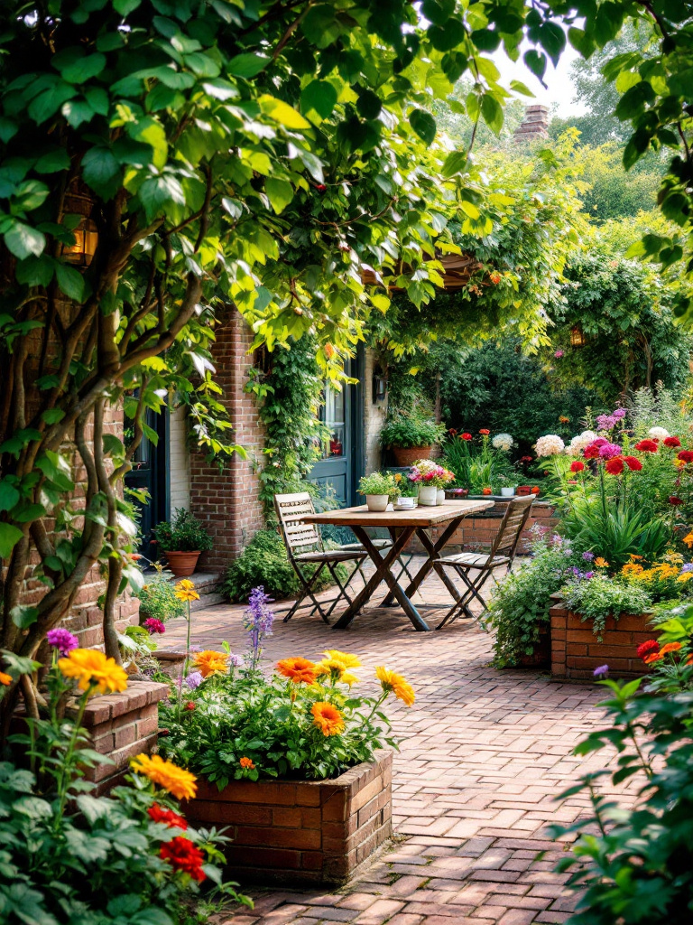 Create a cozy outdoor dining area with a brick patio surrounded by raised garden beds. 