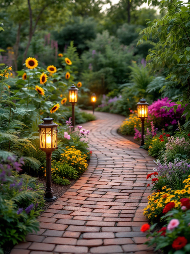 Design a winding walkway through your garden using permeable brick or gravel for a charming, rustic feel