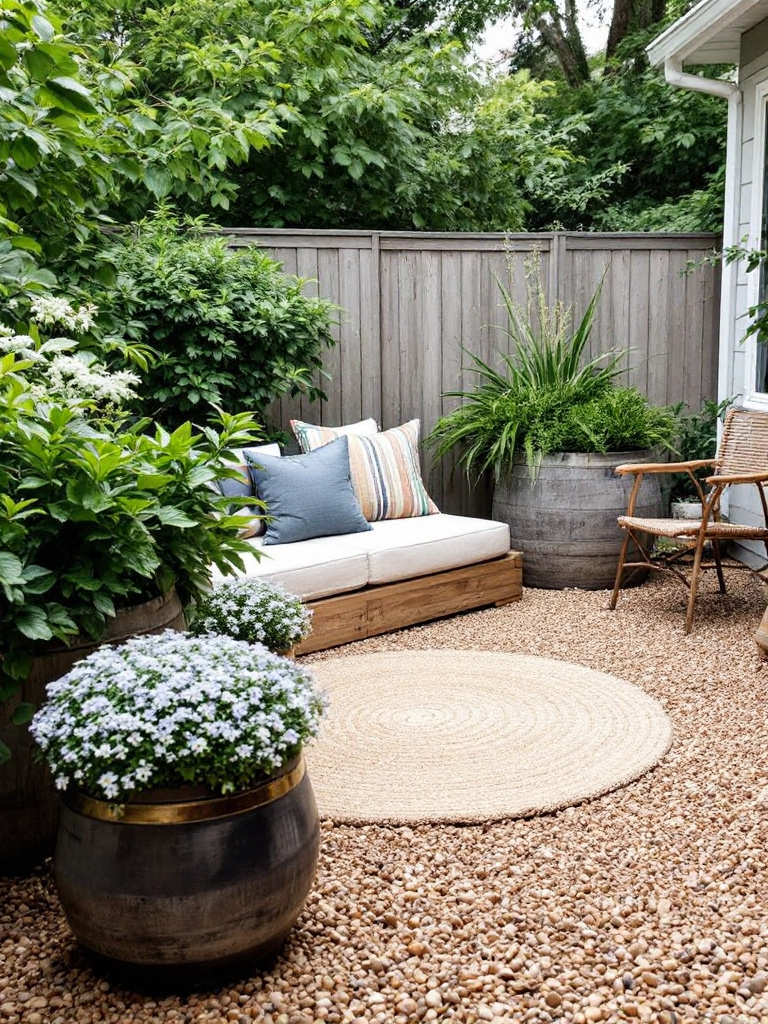 Transform a corner of your backyard into a stylish lounge area with a gravel patio and outdoor rugs.