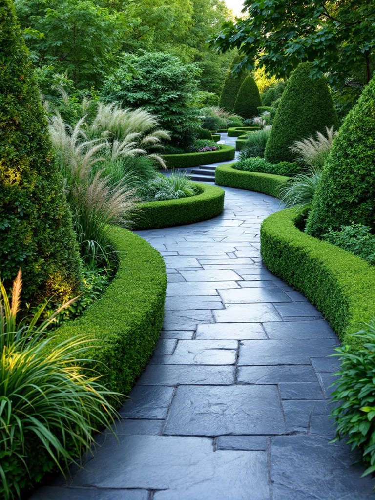 Add a touch of elegance to your backyard with a formal stone pathway leading to a water feature or garden focal point. 