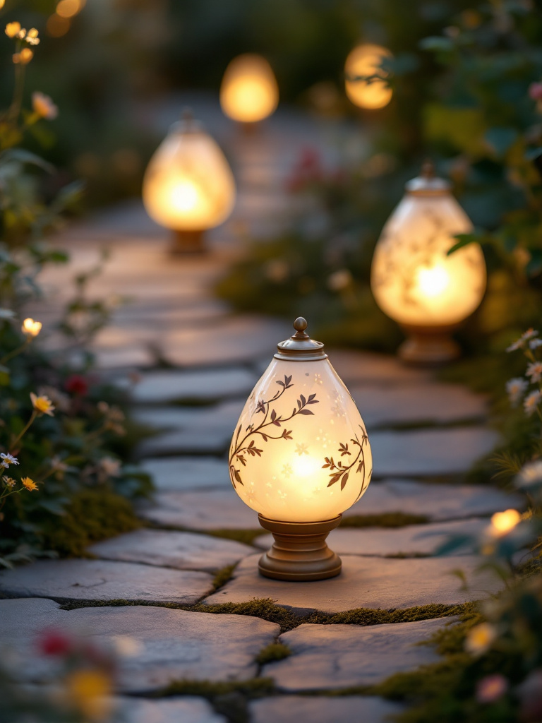 Lanterns placed along a pathway, guiding guests safely through the yard with a classic and inviting look.