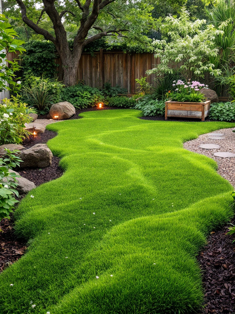 A yard with minimal lawn area, replaced by ground covers like clover or moss, and decorative gravel or mulch.