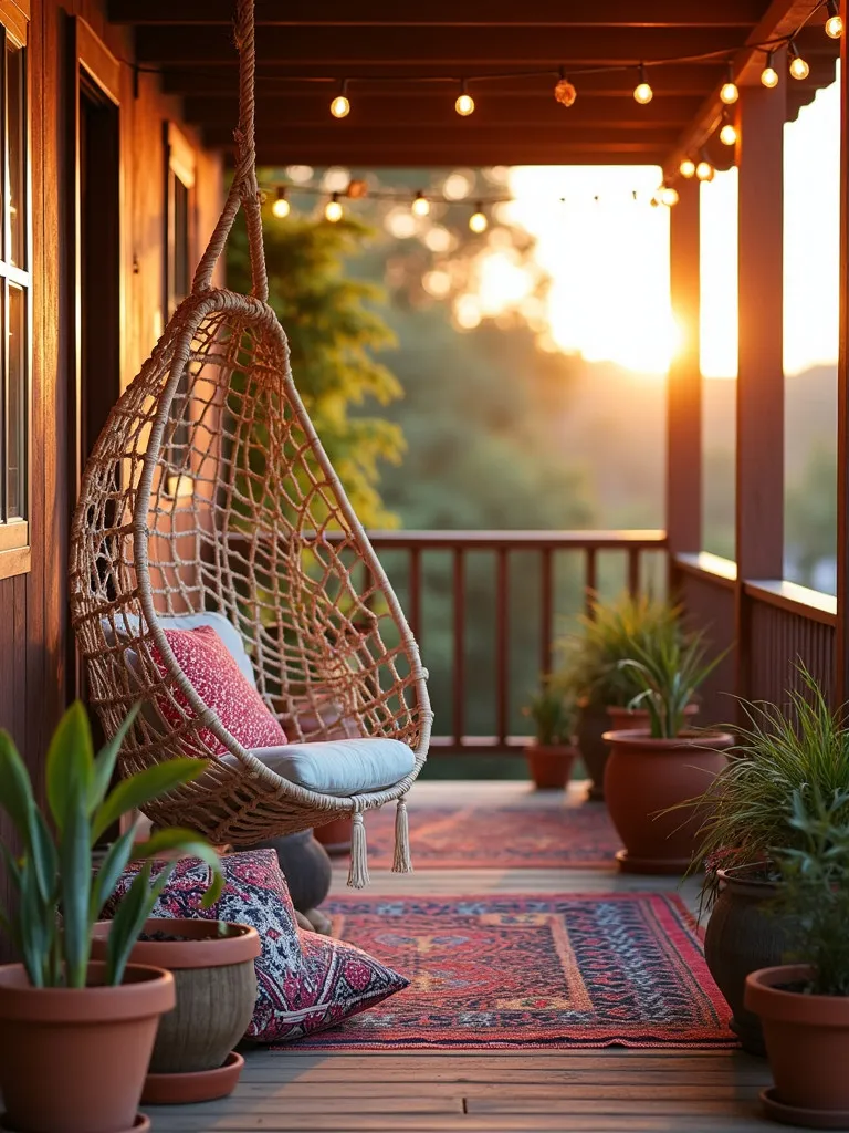 Bohemian porch with macramé chair and colorful textiles at sunset