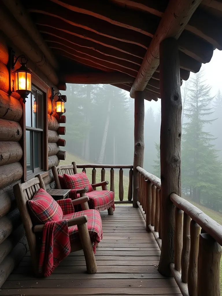 Cozy cabin porch featuring vintage lanterns and plaid blankets