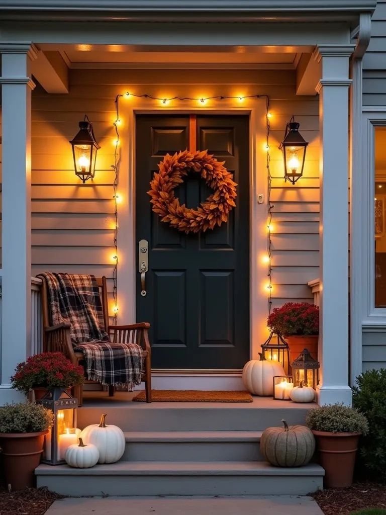 Cozy fall porch with DIY wreath, plaid blankets, pumpkins, and glowing lanterns