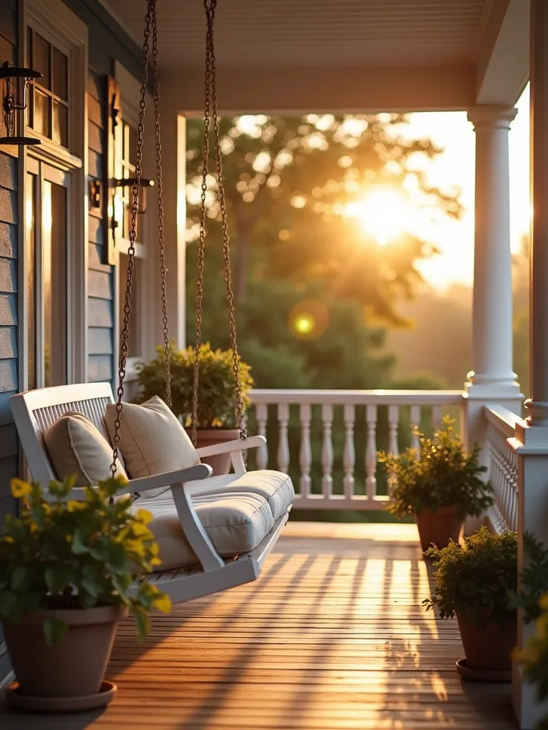 Cozy farmhouse porch featuring wooden swing and warm lighting