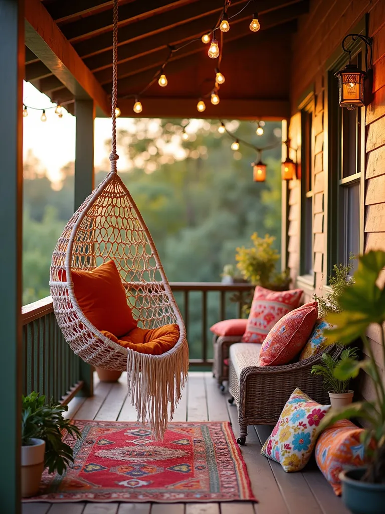 Eclectic boho porch featuring string lights and vibrant throw pillows