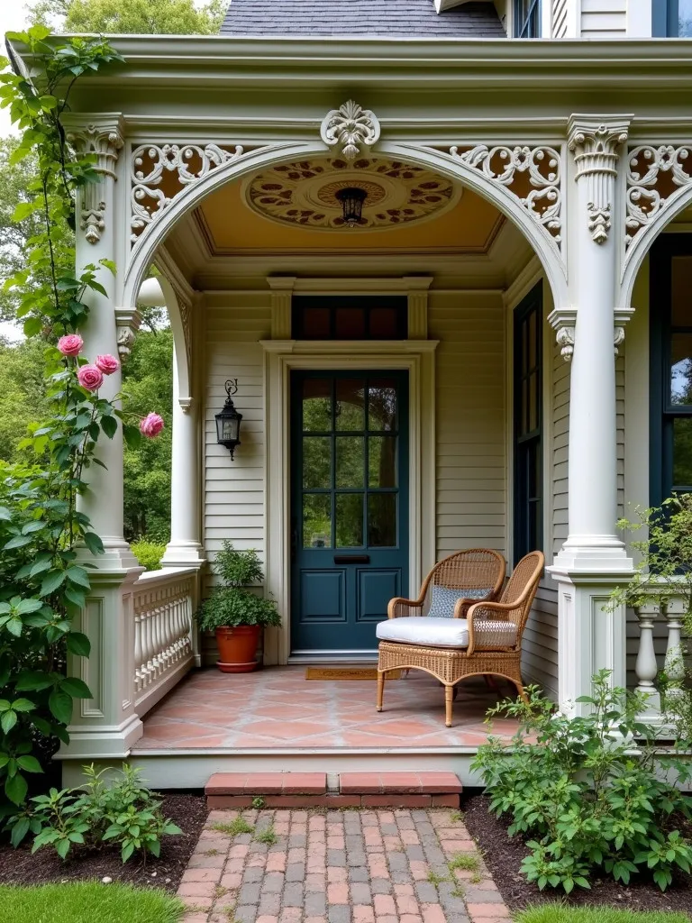 Elegant Victorian porch with gingerbread trim and climbing roses