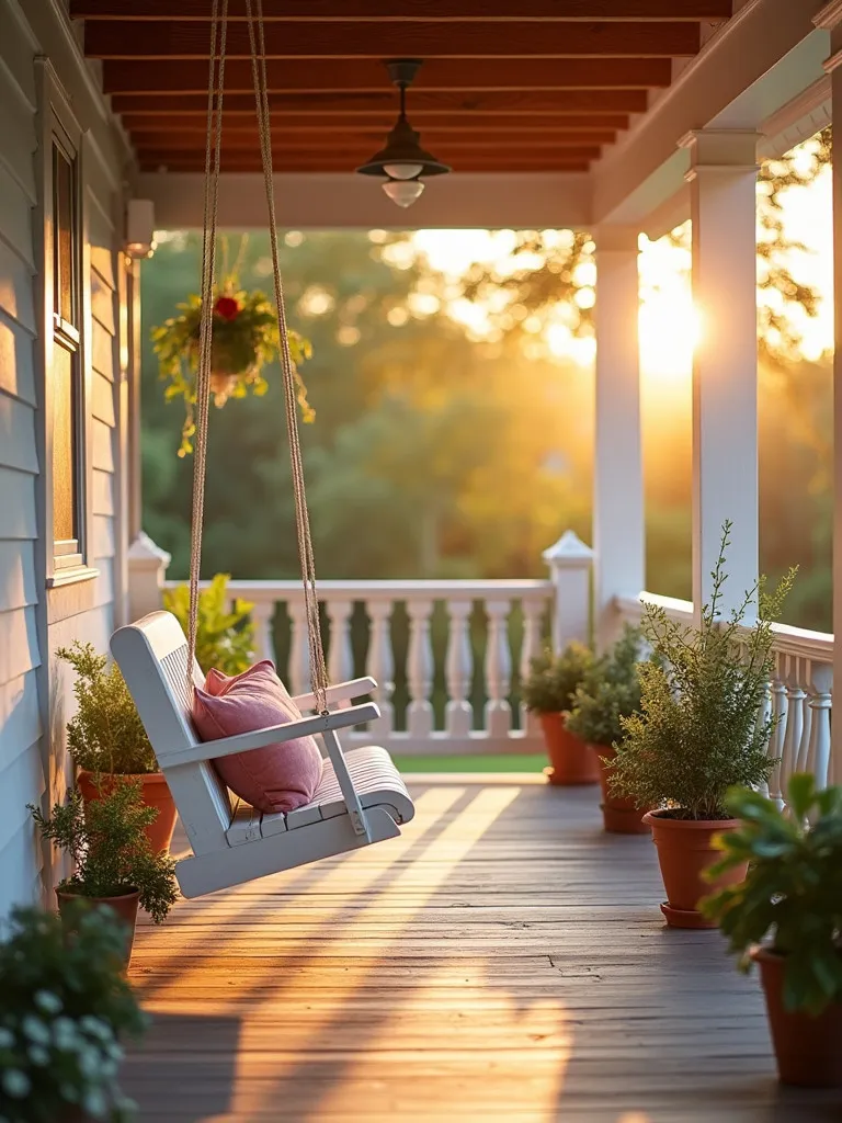 Farmhouse porch with white wooden swing and potted plants at golden hour