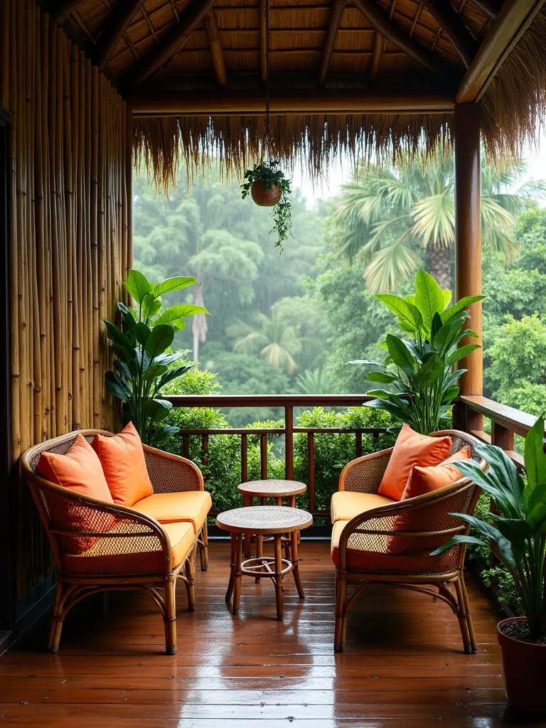 Lush tropical porch featuring bamboo screen and vibrant cushions