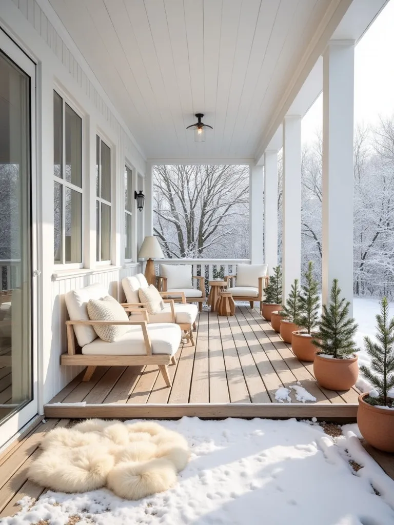 Minimalist Scandinavian porch featuring light wood and geometric planters