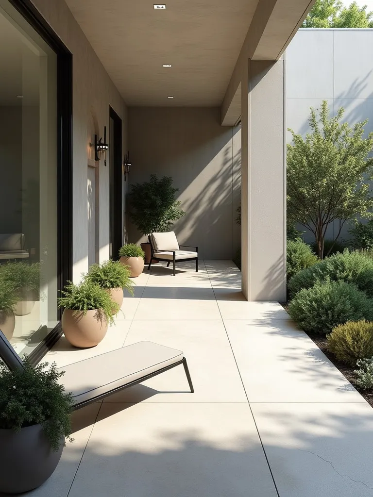 Modern minimalist porch with geometric planters and lounge chair