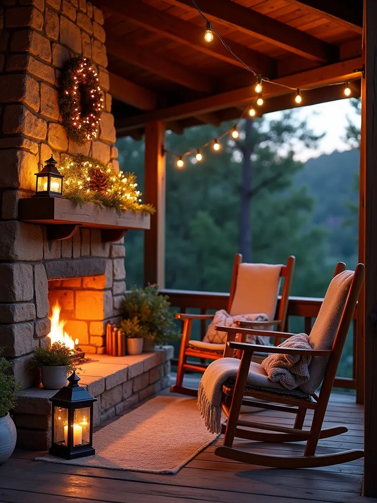 Rustic porch with stone fireplace and wooden rocking chairs at dusk