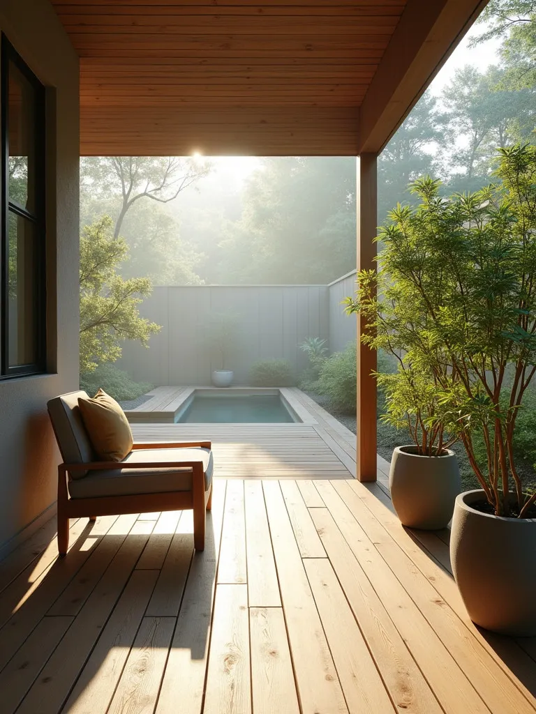 Serene porch featuring minimalist seating and natural wood deck