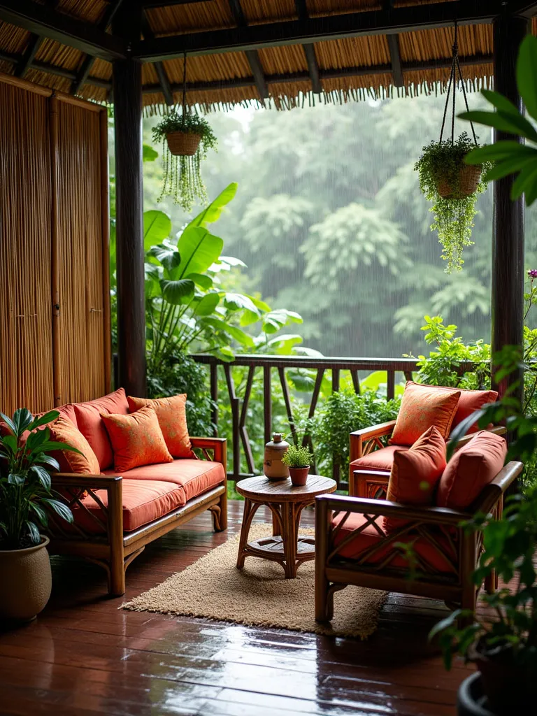 Tropical porch with rattan furniture and hanging plants during light rain