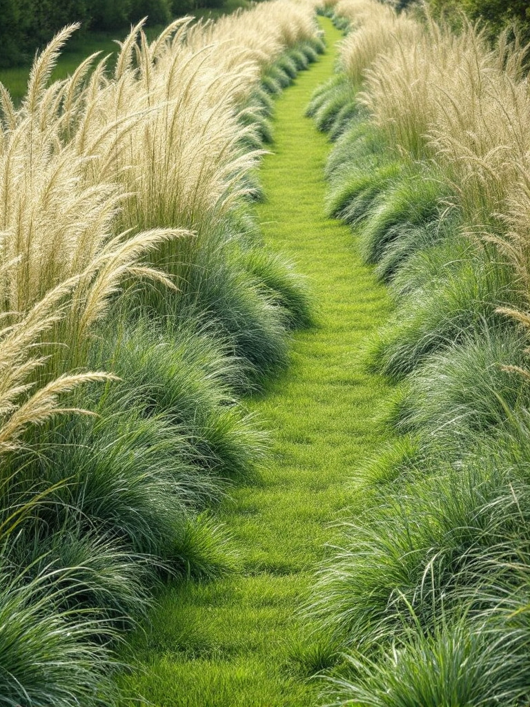 A walkway lined with alternating Hamlin grasses and blue fescue grasses, creating a wispy and flowy texture.