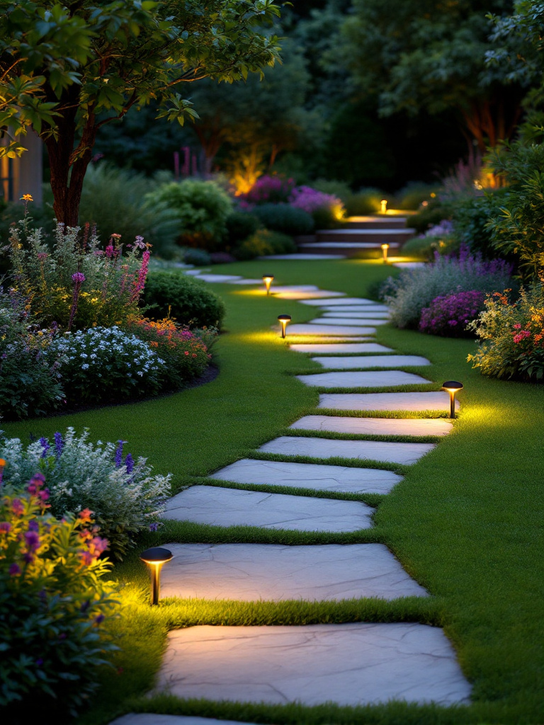 Low-voltage LED lights lining a winding pathway, guiding guests through a beautifully landscaped yard.