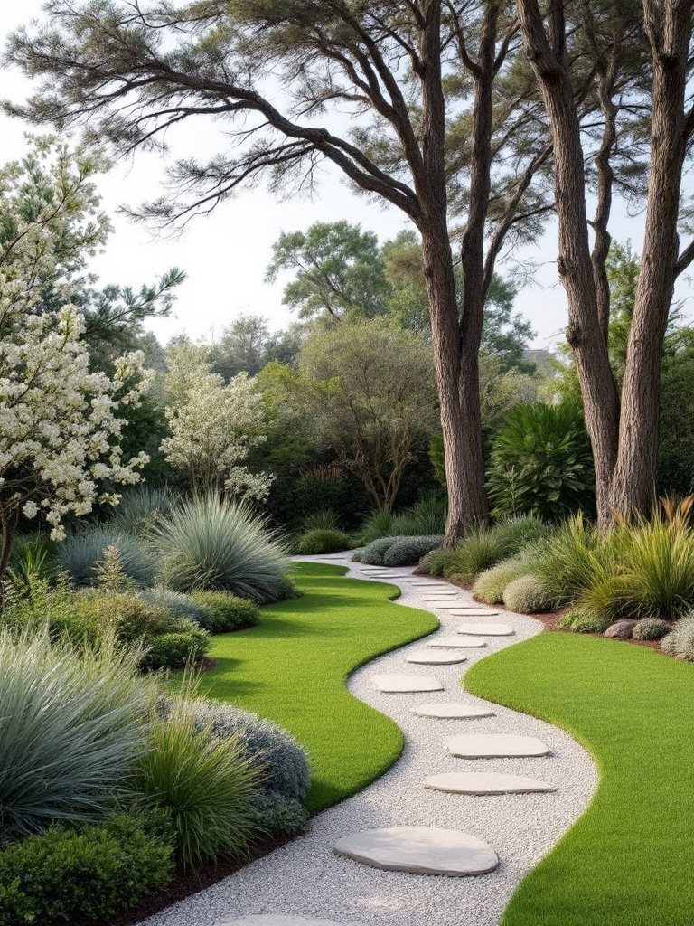 A yard with gravel paths and stone elements, enhancing drainage and preventing erosion, set amidst low-maintenance shrubs and trees.