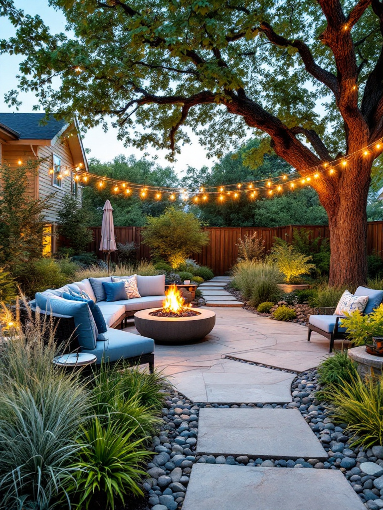 Reimagine your outdoor space with a backyard makeover that includes a stylish patio area surrounded by layered garden beds. 