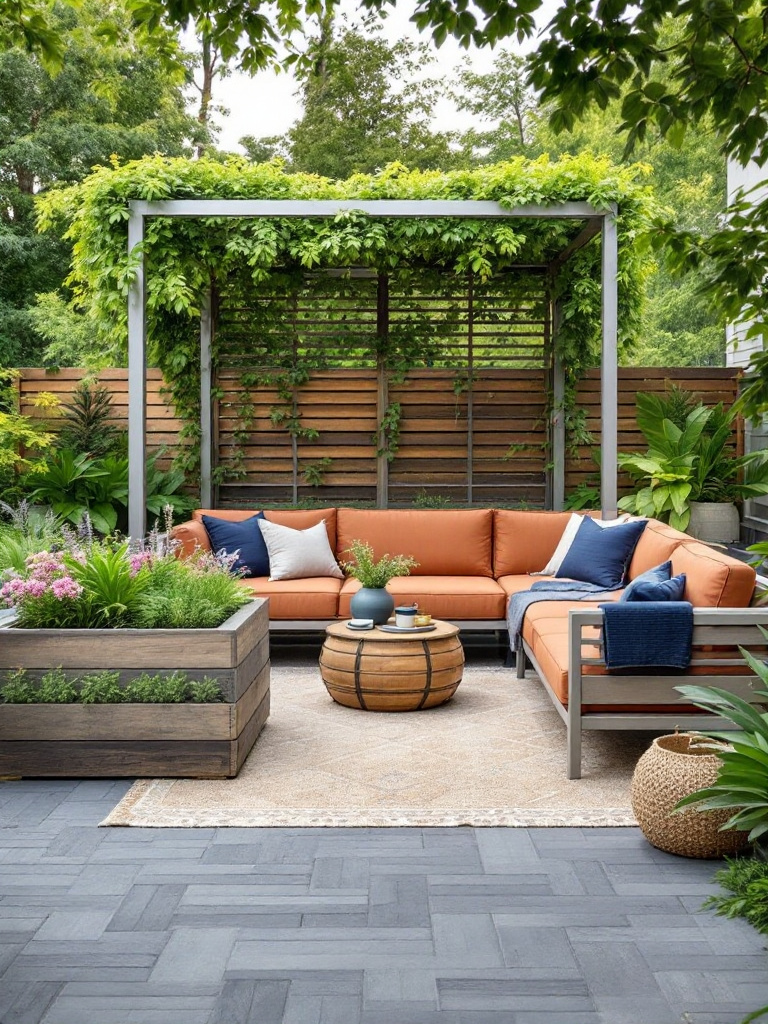 Create a backyard paradise with modern landscaping elements like sleek stone pavers, raised planters, and a pergola.