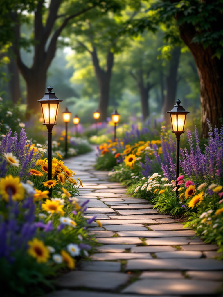 Solar-powered pathway lights illuminating a walkway through a garden, with flowers and trees surrounding the path.