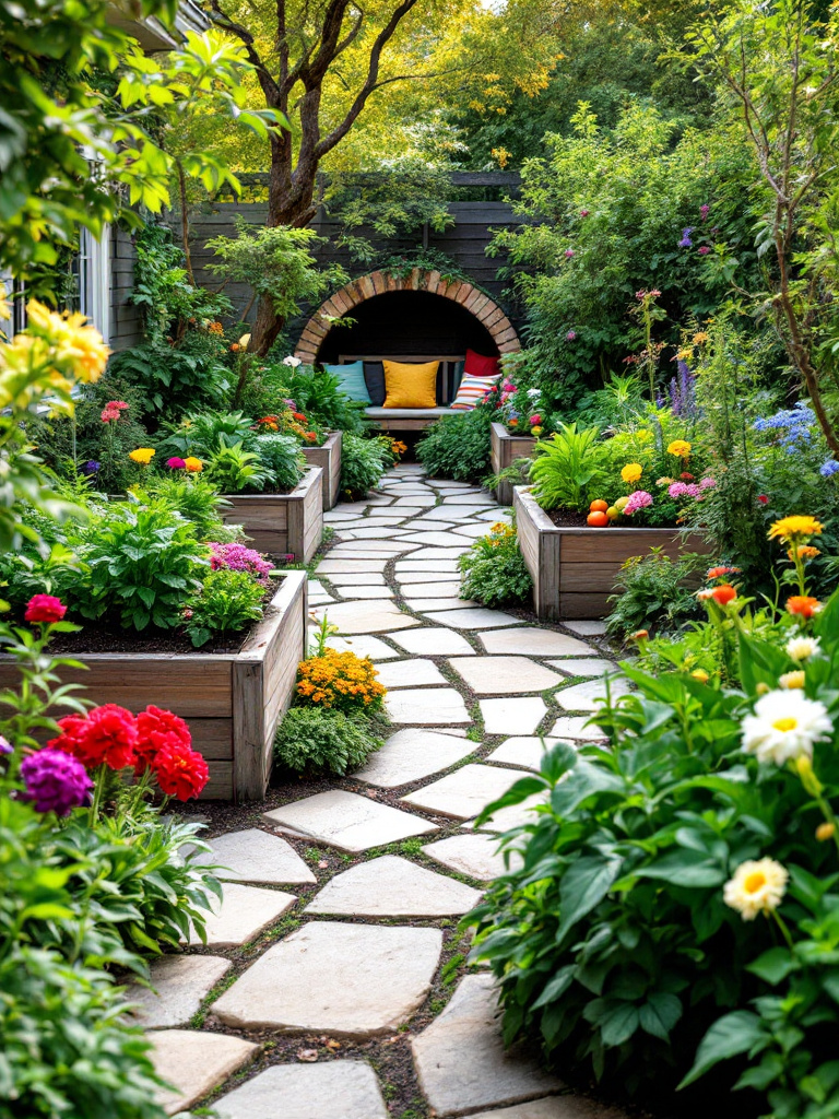 Turn your backyard into a functional and beautiful garden with raised vegetable beds, flower borders, and a winding path made of natural stone.