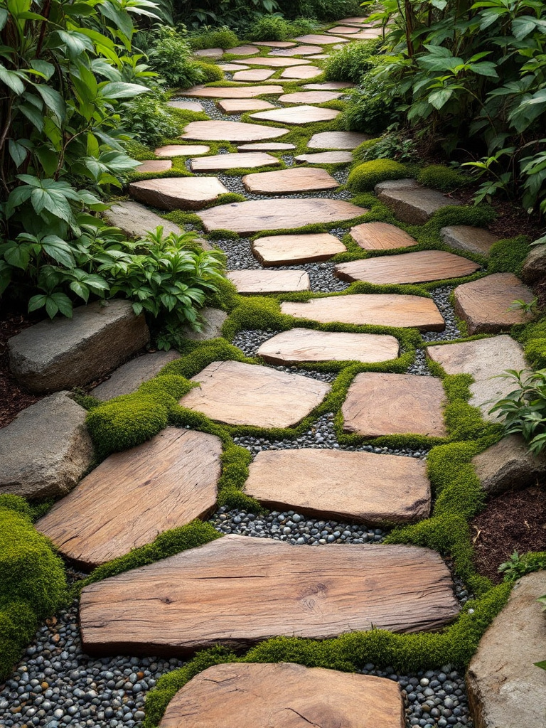 Create a natural stepping stone path that winds through your backyard, connecting different areas like the patio, garden, and fire pit. 