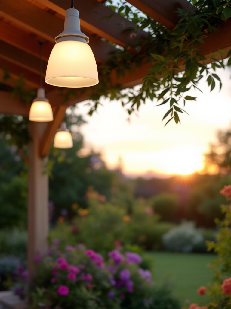 Pendant lights hanging from a gazebo, providing stylish overhead lighting in a backyard.