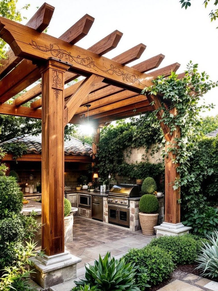 An outdoor kitchen with a pergola and partial roof, protected from precipitation and surrounded by low-maintenance plants.