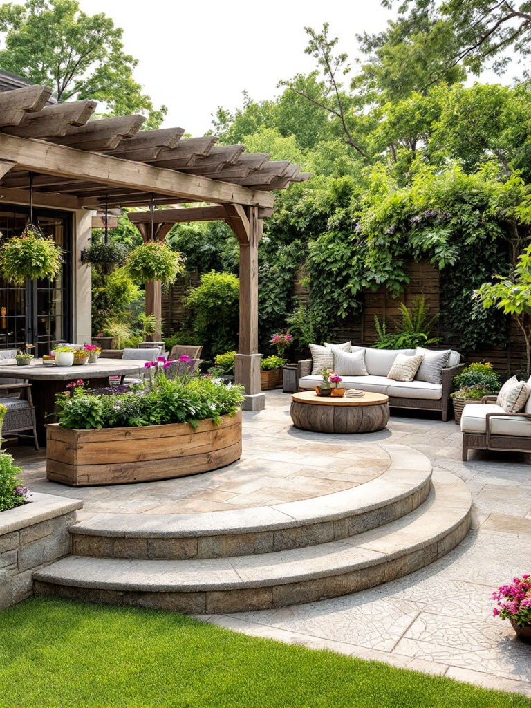 Elevate your backyard with a multi-level patio made from stamped concrete that mimics the look of natural stone or wood. 