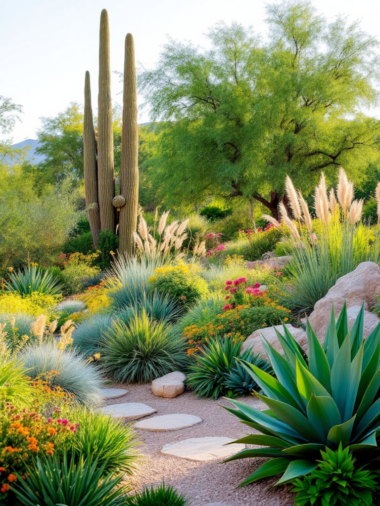 A drought-resistant garden featuring succulents and ornamental grasses, with deep-rooted plants to prevent erosion.